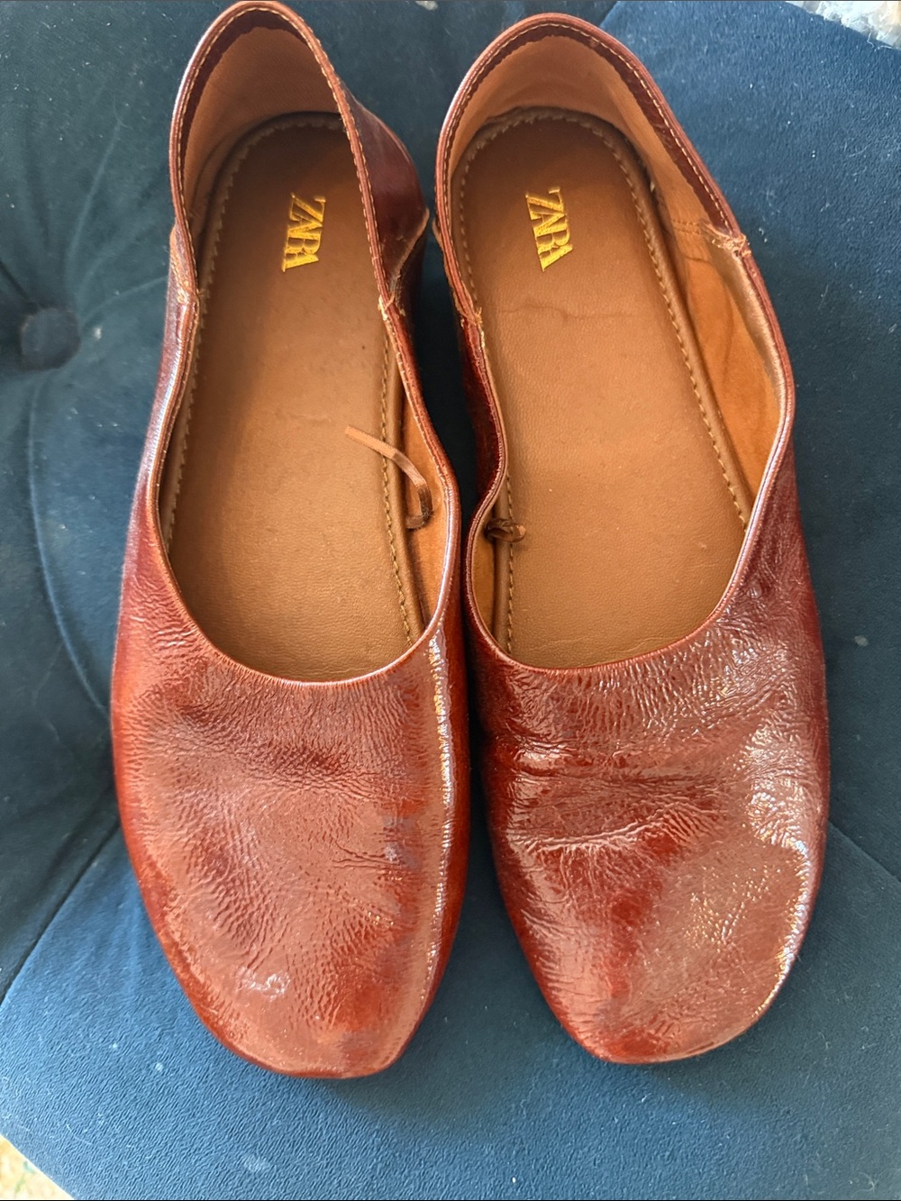 Zara Women's Cognac Patent Leather Ballet Flats